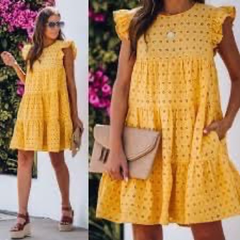 VICI Pam Cotton Pocketed Tiered Eyelet Dress-yellow LARGE